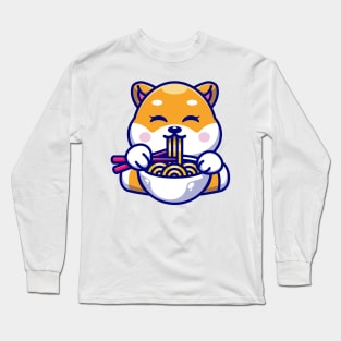 Cute shiba inu dog eating ramen with chopstick cartoon Long Sleeve T-Shirt